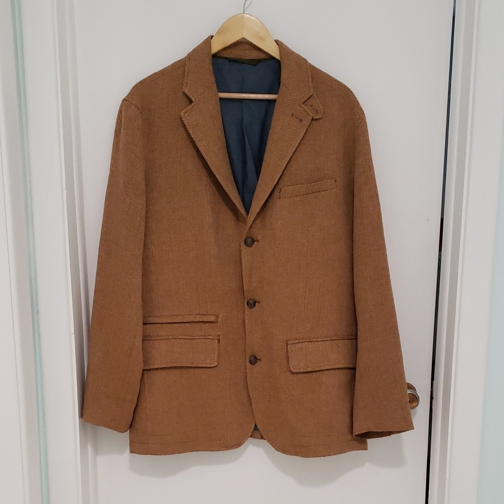 New Mens Large Brown Linen Travel Blazer-Territory Ahead
